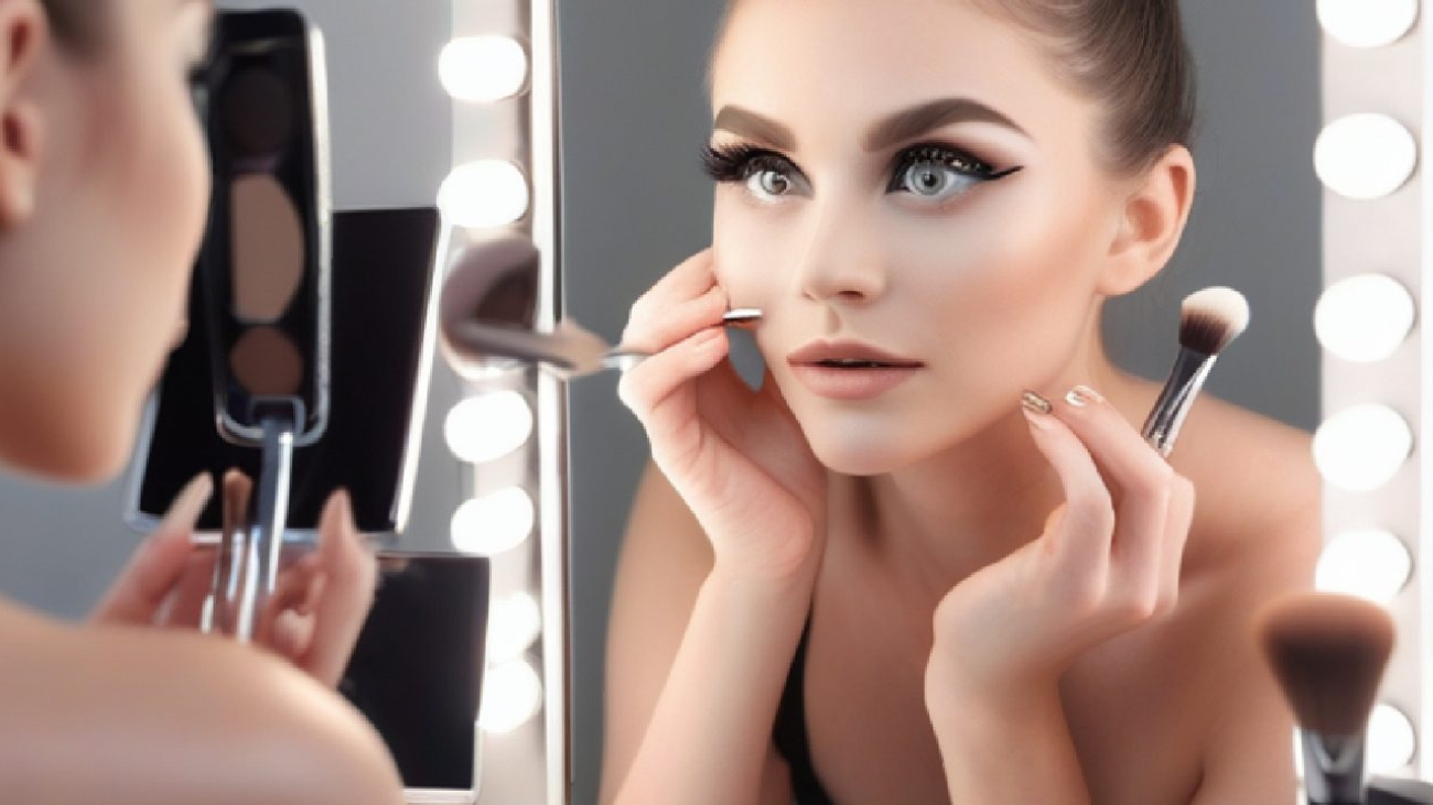 Close-up of a woman's eyes with magnetic eyelashes, reflecting satisfaction in a handheld mirror.